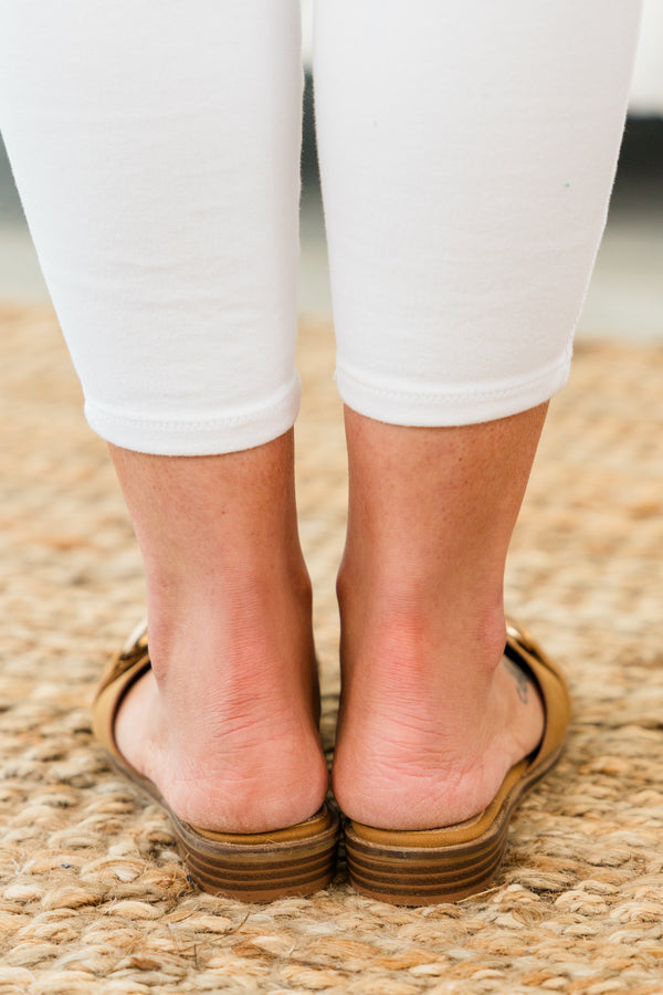 Chic Soul plus size clothing, cognac brown slide sandals with one strap on front with gold chain hardware detail 
