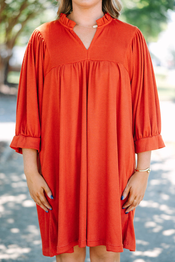 Rust colored short dress with high low hemline
