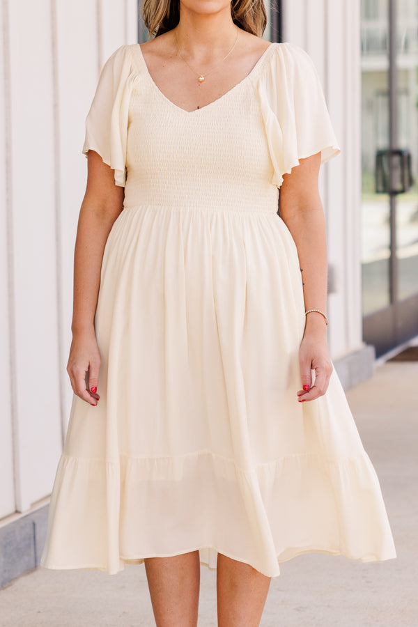 Chic Soul plus size clothing, short sleeve cream midi dress with smocked bodice and v-neckline