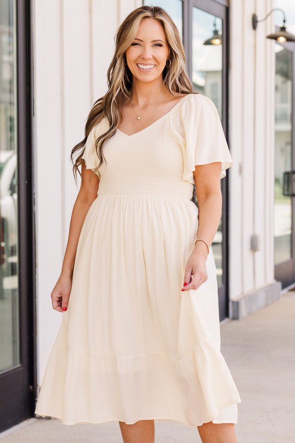 Chic Soul plus size clothing, short sleeve cream midi dress with smocked bodice and v-neckline