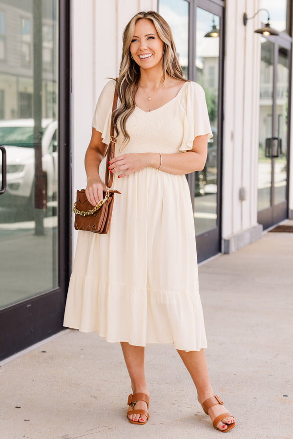Chic Soul plus size clothing, short sleeve cream midi dress with smocked bodice and v-neckline