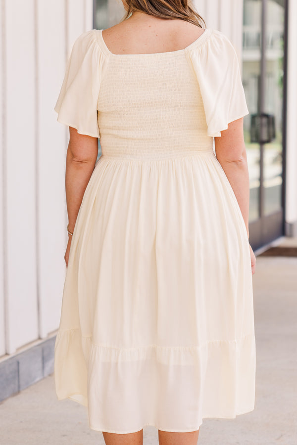 Chic Soul plus size clothing, short sleeve cream midi dress with smocked bodice and v-neckline