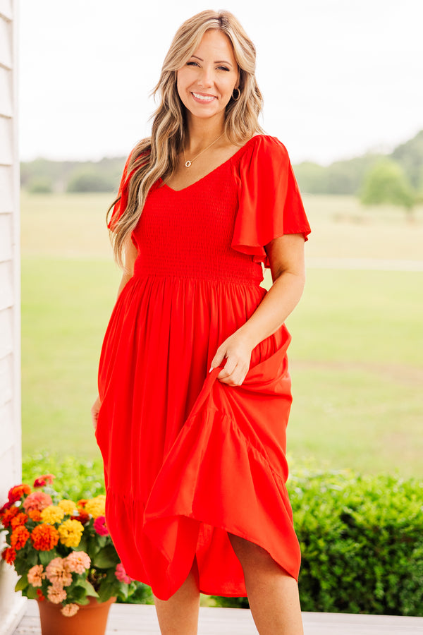 Chic Soul plus size clothing, short sleeve red midi dress with v-neckline and ruffled sleeves