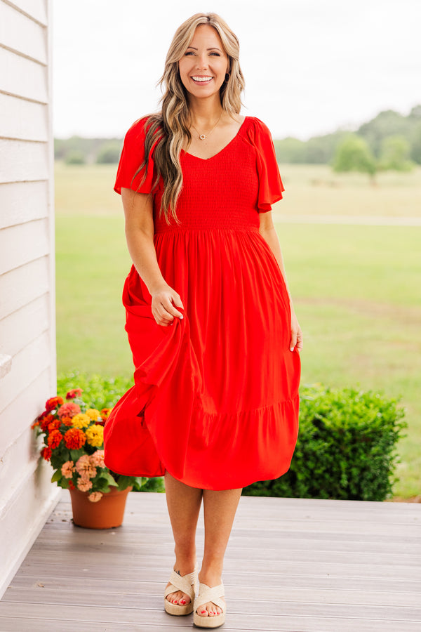 Chic Soul plus size clothing, short sleeve red midi dress with v-neckline and ruffled sleeves