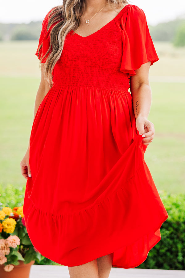 Chic Soul plus size clothing, short sleeve red midi dress with v-neckline and ruffled sleeves