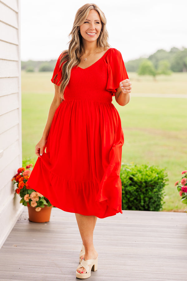 Chic Soul plus size clothing, short sleeve red midi dress with v-neckline and ruffled sleeves