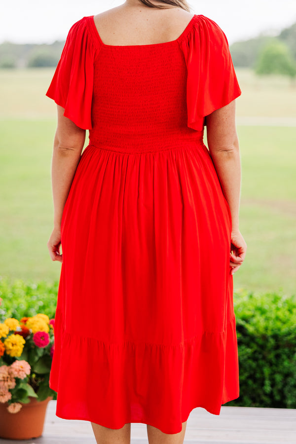Chic Soul plus size clothing, short sleeve red midi dress with v-neckline and ruffled sleeves