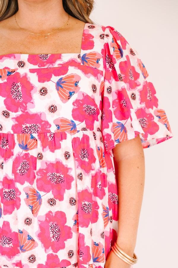 Chic Soul plus size clothing, pink floral print maxi dress with short puff sleeves