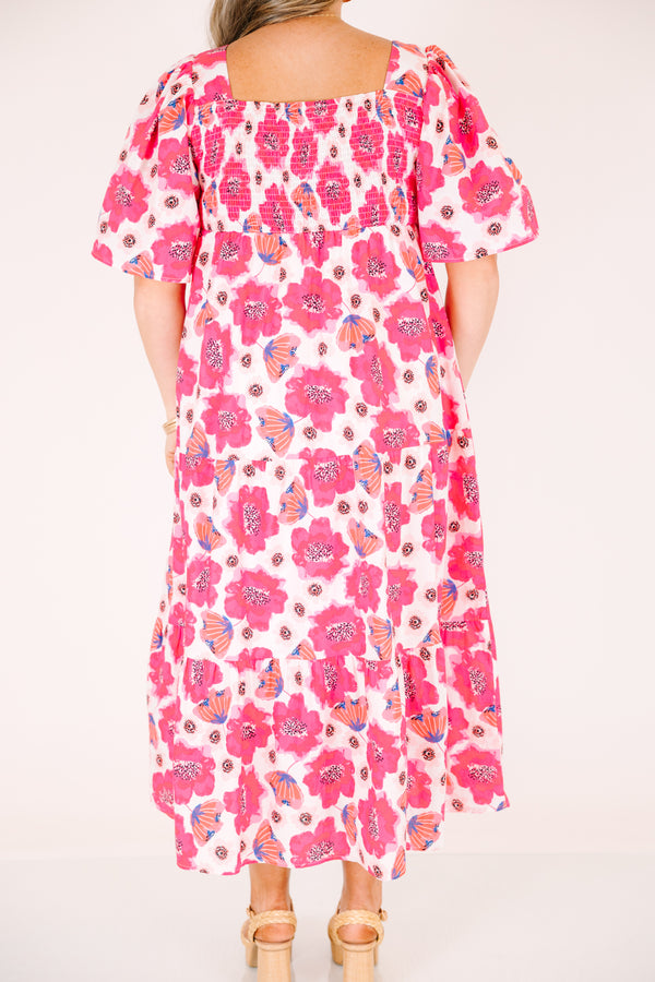 Chic Soul plus size clothing, pink floral print maxi dress with short puff sleeves