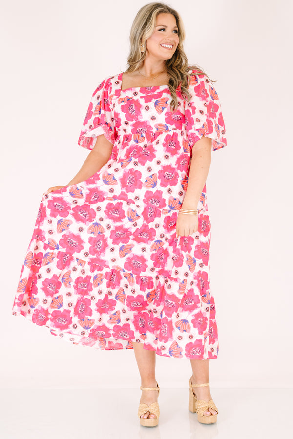 Chic Soul plus size clothing, pink floral print maxi dress with short puff sleeves