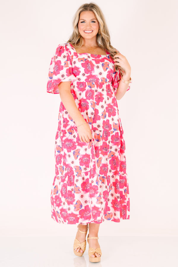Chic Soul plus size clothing, pink floral print maxi dress with short puff sleeves