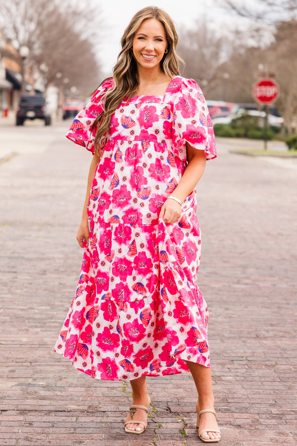 Chic Soul plus size clothing, pink floral print maxi dress with short puff sleeves