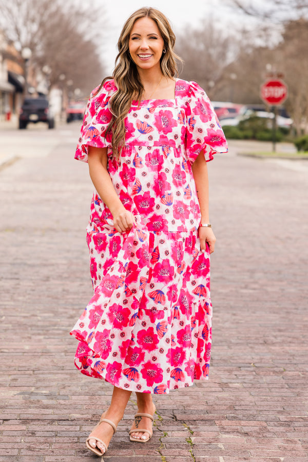 Chic Soul plus size clothing, pink floral print maxi dress with short puff sleeves