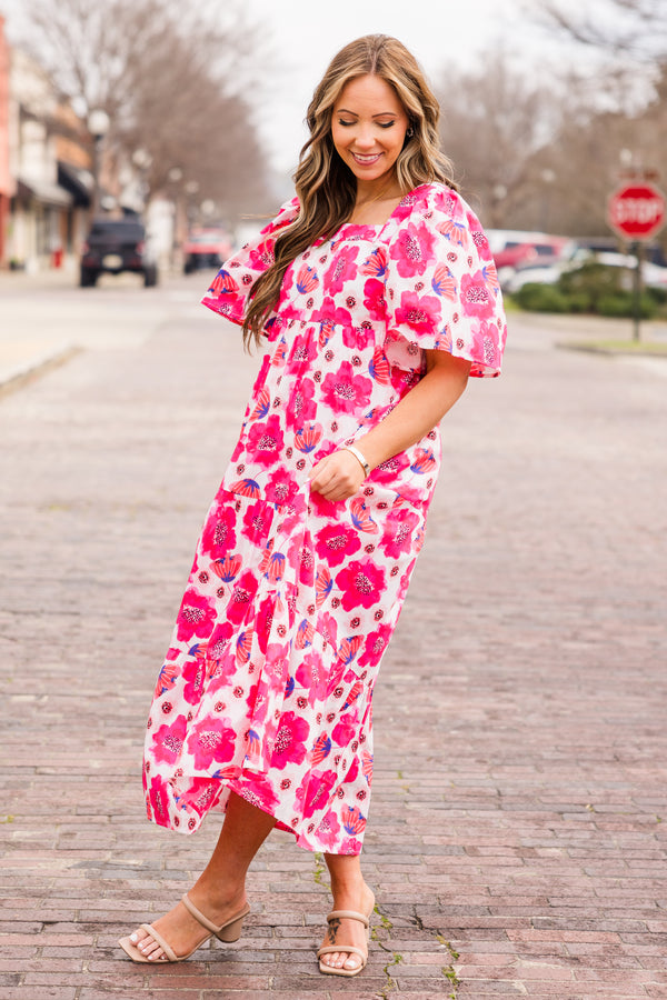 Chic Soul plus size clothing, pink floral print maxi dress with short puff sleeves
