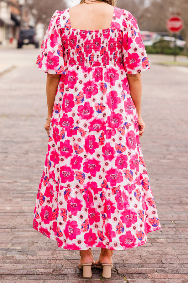 Chic Soul plus size clothing, pink floral print maxi dress with short puff sleeves