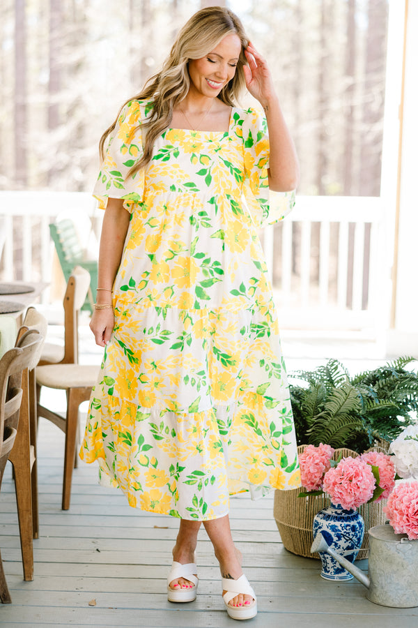 Chic soul plus size clothing, yellow short sleeve maxi dress with floral print and square neck line 