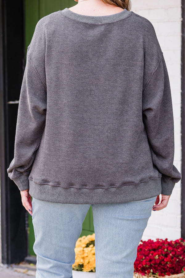 Chic Soul plus size clothing, long-sleeve gray comfy ribbed top with high-scoop-neckline 