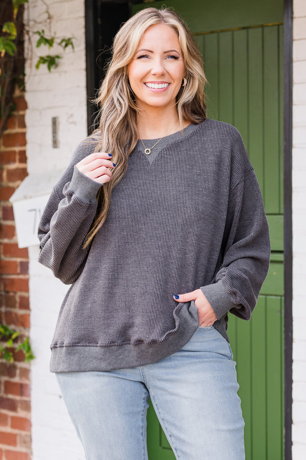 Chic Soul plus size clothing, long-sleeve gray comfy ribbed top with high-scoop-neckline 