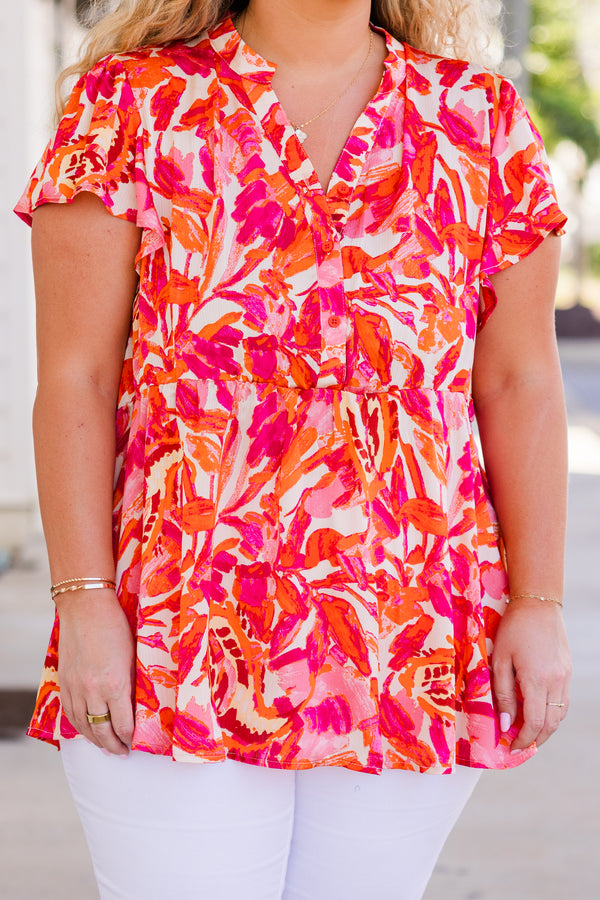 Chic Soul plus size clothing, short-sleeve pink baby doll top with v-neckline and orange and pink floral pattern
