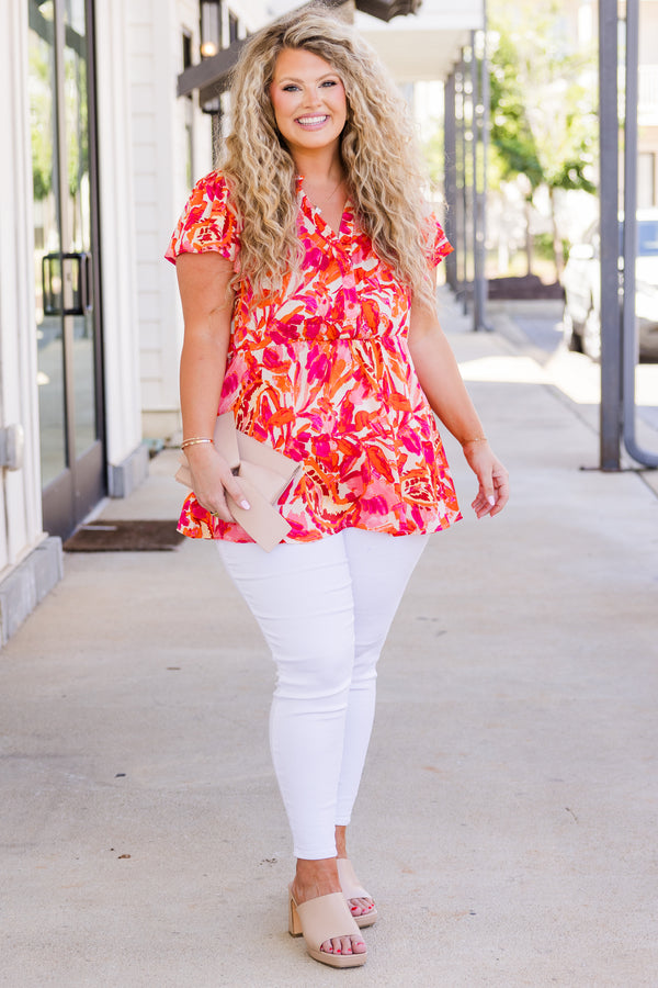 Chic Soul plus size clothing, short-sleeve pink baby doll top with v-neckline and orange and pink floral pattern