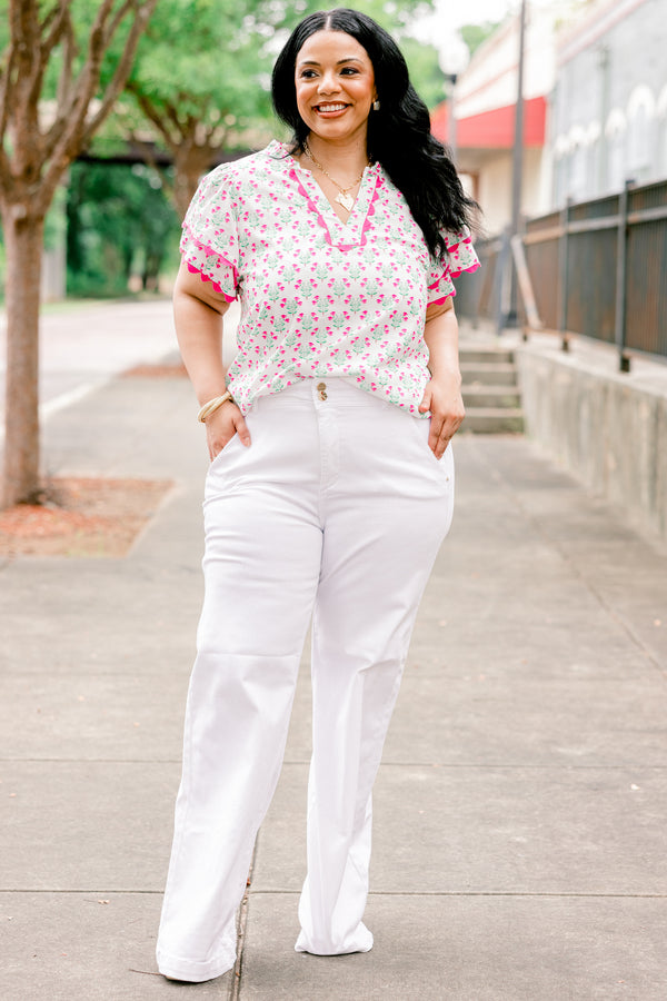 Chic Soul plus size clothing, white wide leg high rise jeans with two button closure