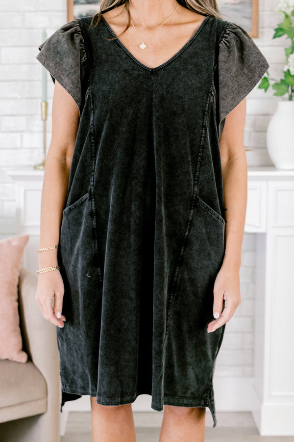 Chic Soul plus size clothing, acid wash black short sleeve casual short dress with two side pockets