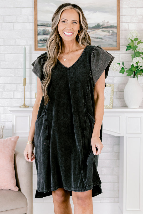 Chic Soul plus size clothing, acid wash black short sleeve casual short dress with two side pockets