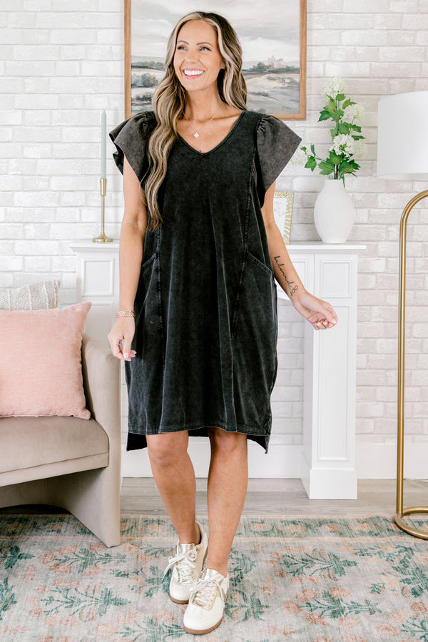 Chic Soul plus size clothing, acid wash black short sleeve casual short dress with two side pockets