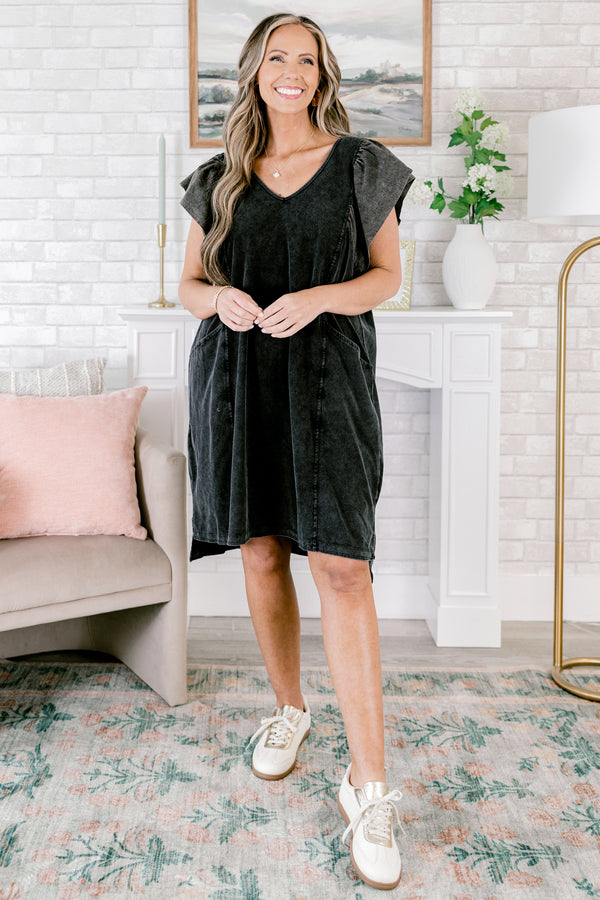 Chic Soul plus size clothing, acid wash black short sleeve casual short dress with two side pockets