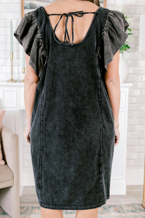 Chic Soul plus size clothing, acid wash black short sleeve casual short dress with two side pockets