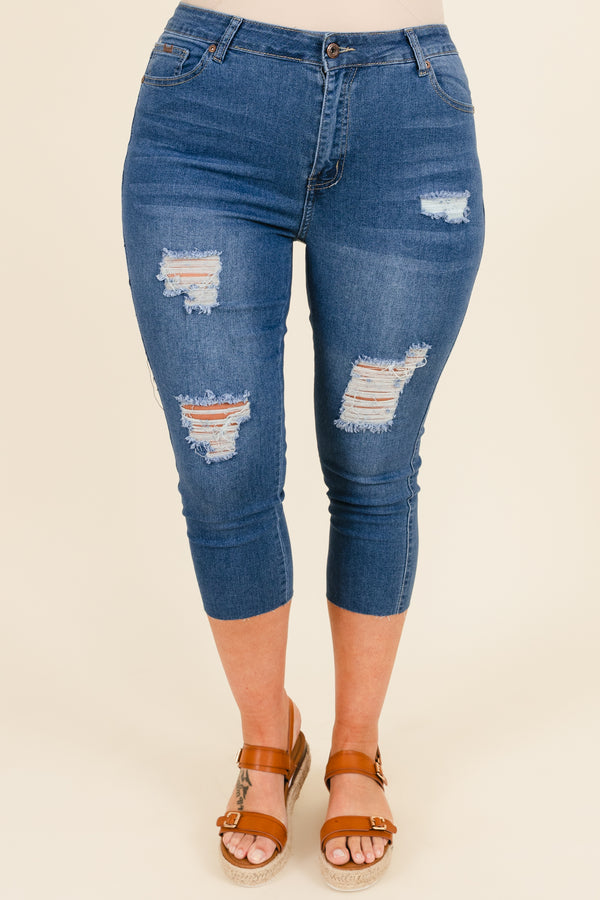 Chic Soul plus size clothing, medium blue distressed denim capris with frayed hemline