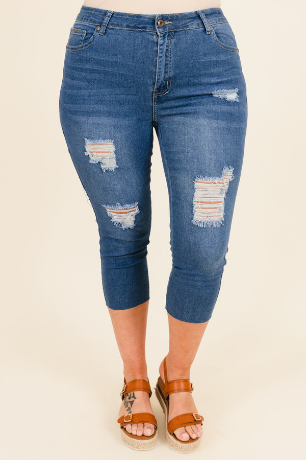 Chic Soul plus size clothing, medium blue distressed denim capris with frayed hemline