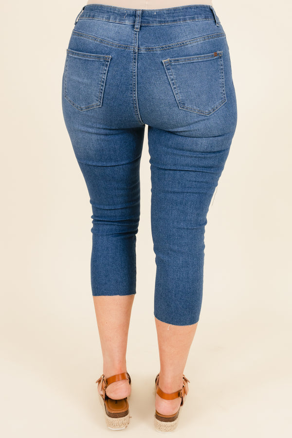 Chic Soul plus size clothing, medium blue distressed denim capris with frayed hemline