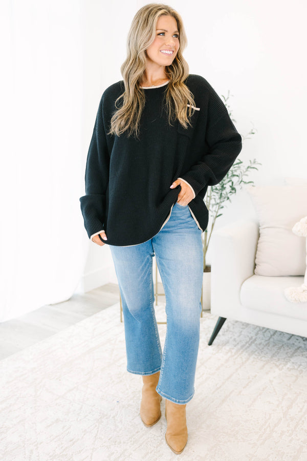 Chic Soul plus size clothing, black long sleeve sweater with front chest pocket and cream outlining on the hem, collar, and pocket
