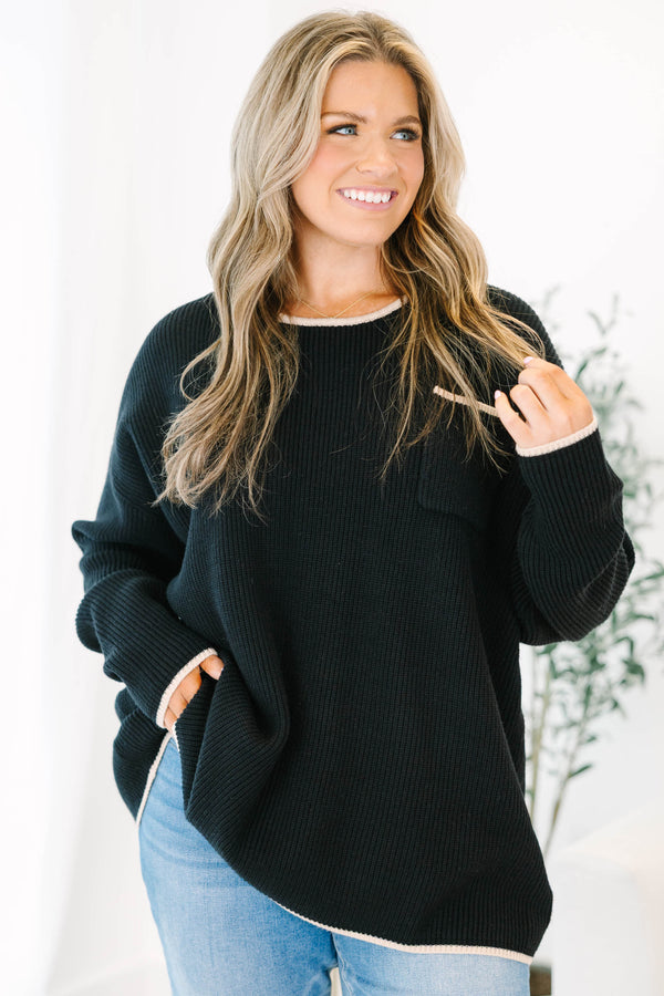 Chic Soul plus size clothing, black long sleeve sweater with front chest pocket and cream outlining on the hem, collar, and pocket