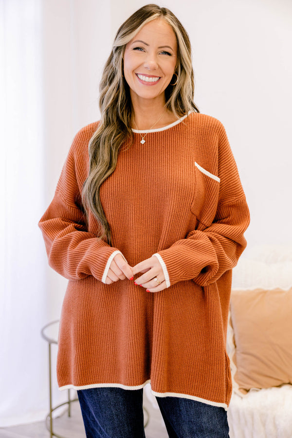 Chic Soul plus size clothing, rust orange long sleeve knit sweater with white piping along the collar, sleeves, hem, and front pocket