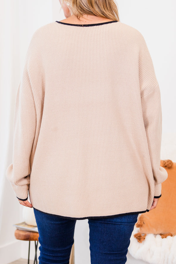 Chic Soul plus size clothing, long sleeve ribbed taupe sweater with chest pocket with black trim and round neckline with black trim with black trim along sleeves