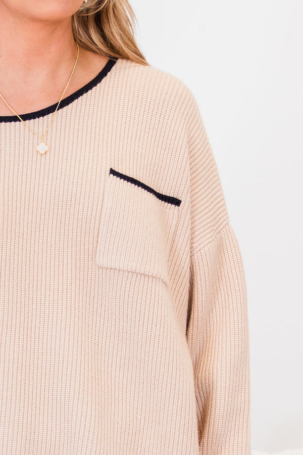 Chic Soul plus size clothing, long sleeve ribbed taupe sweater with chest pocket with black trim and round neckline with black trim with black trim along sleeves