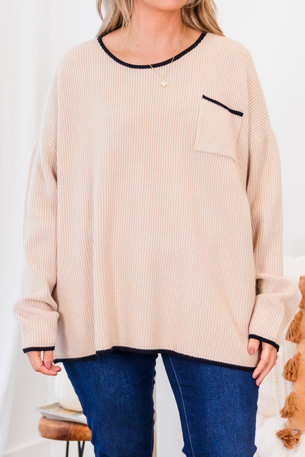 Chic Soul plus size clothing, long sleeve ribbed taupe sweater with chest pocket with black trim and round neckline with black trim with black trim along sleeves