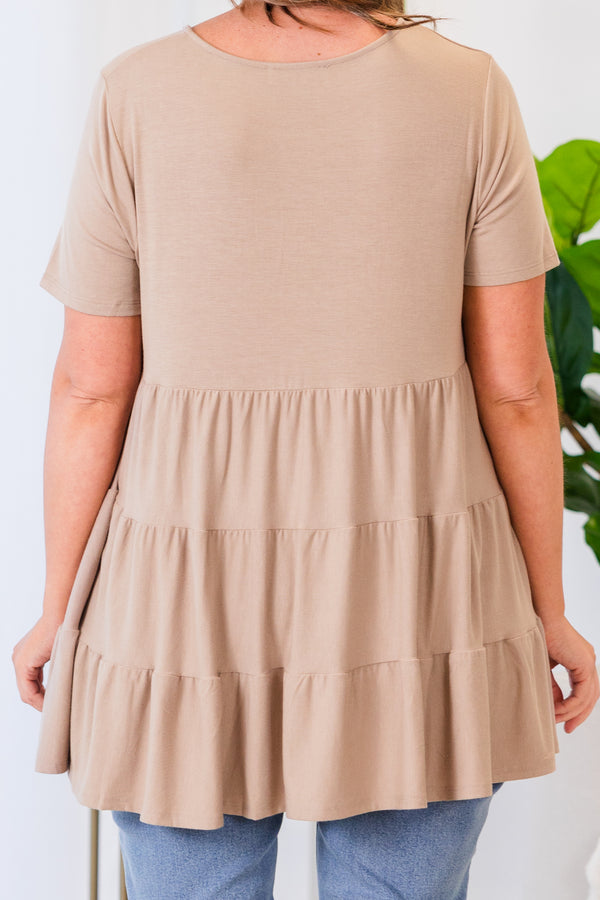 Chic Soul plus size clothing, short-sleeve ash mocha ruffled baby doll top with scoop-neckline