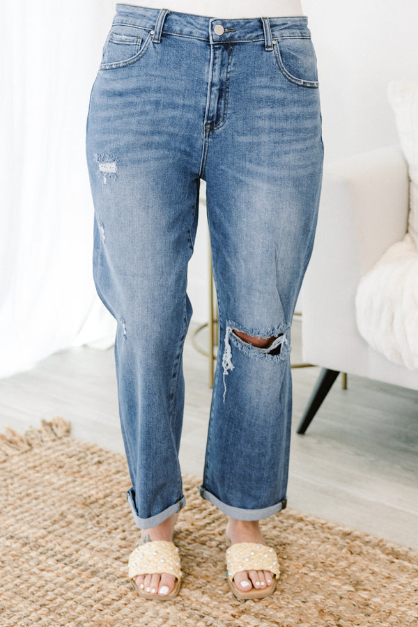 Chic Soul plus size clothing, light/medium wash denim jeans wide leg with hole on one knee with light distressing with cuff bottom