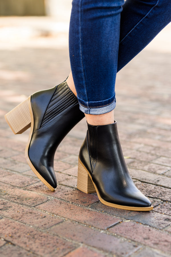 Chic Soul plus size clothing, black shiny booties with pointed toe and side zipper detail with wooden heel and bottom