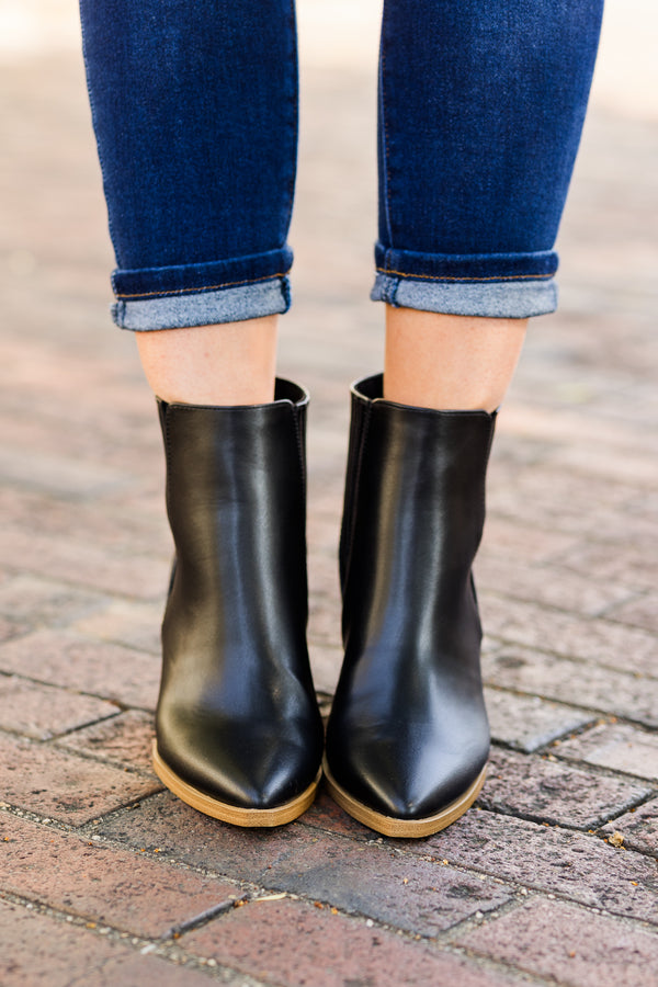 Chic Soul plus size clothing, black shiny booties with pointed toe and side zipper detail with wooden heel and bottom