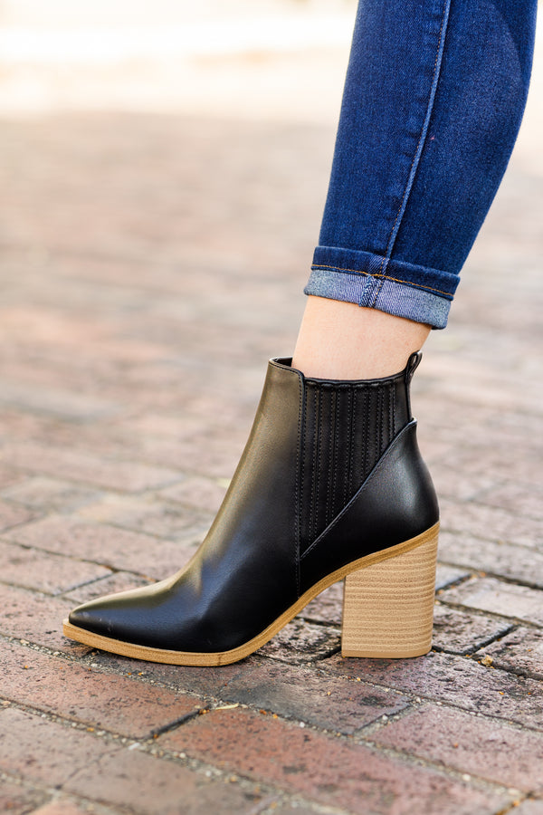 Chic Soul plus size clothing, black shiny booties with pointed toe and side zipper detail with wooden heel and bottom