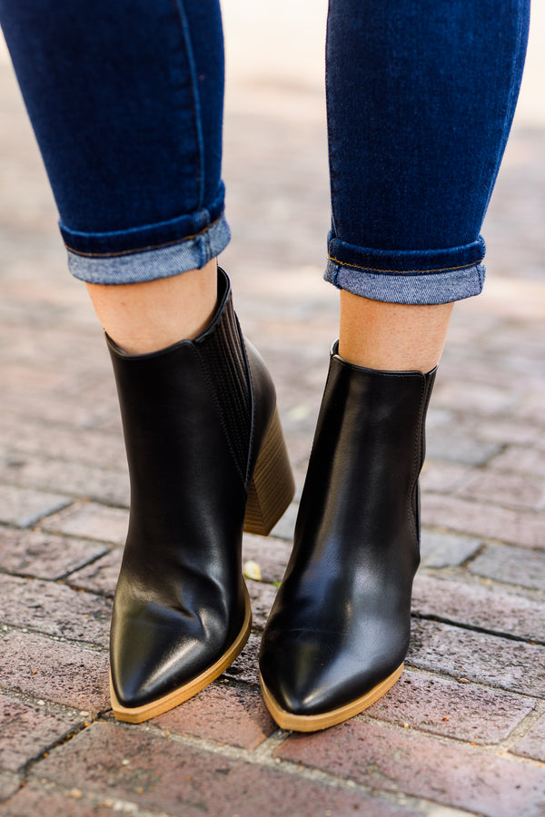 Chic Soul plus size clothing, black shiny booties with pointed toe and side zipper detail with wooden heel and bottom