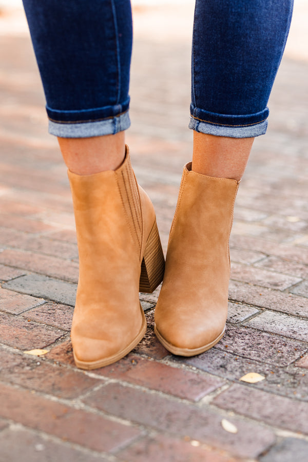 Chic Soul plus size clothing, coffee colored heel booties with wooden block heel and zipper detail on inside