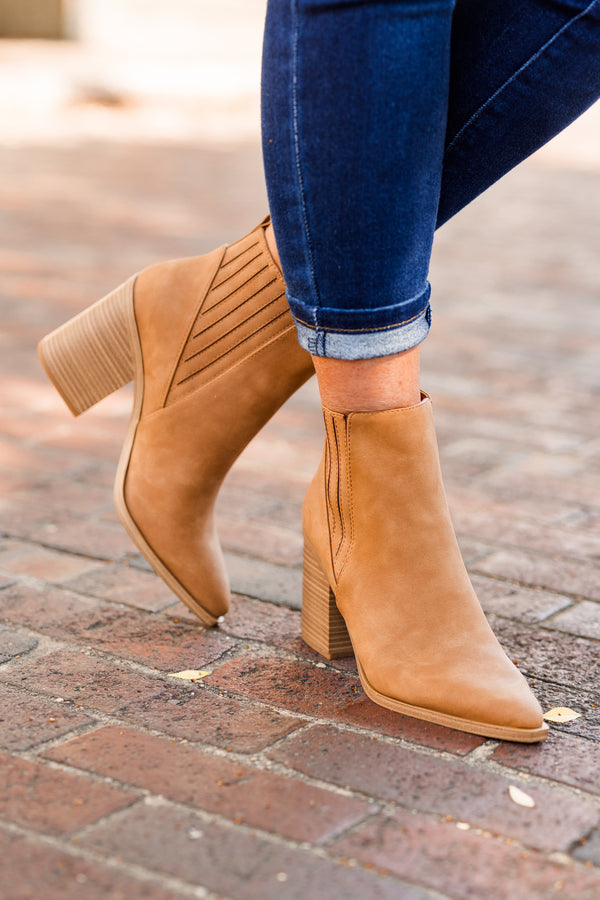 Chic Soul plus size clothing, coffee colored heel booties with wooden block heel and zipper detail on inside