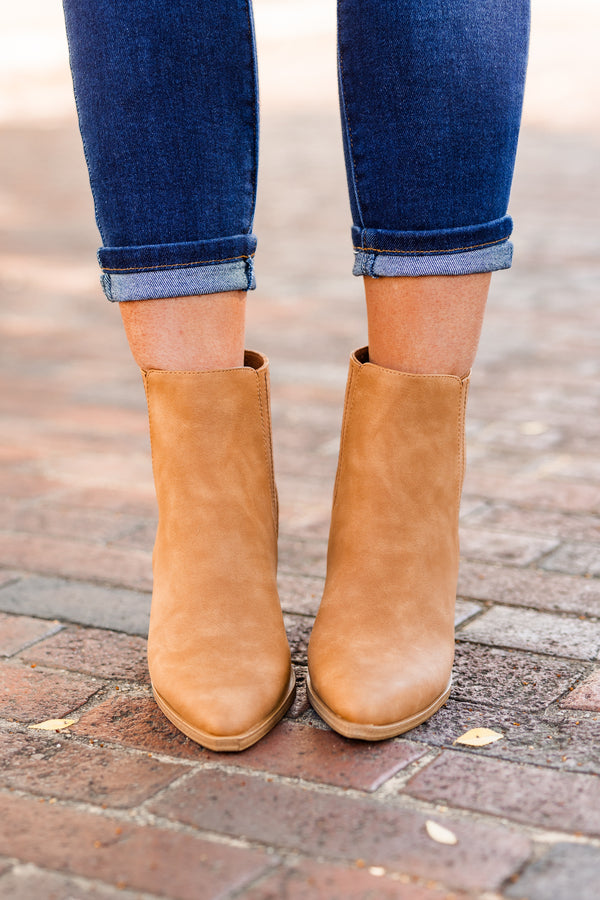 Chic Soul plus size clothing, coffee colored heel booties with wooden block heel and zipper detail on inside