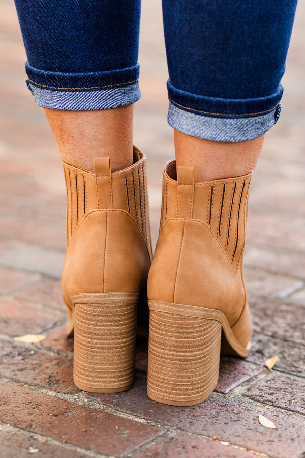 Chic Soul plus size clothing, coffee colored heel booties with wooden block heel and zipper detail on inside