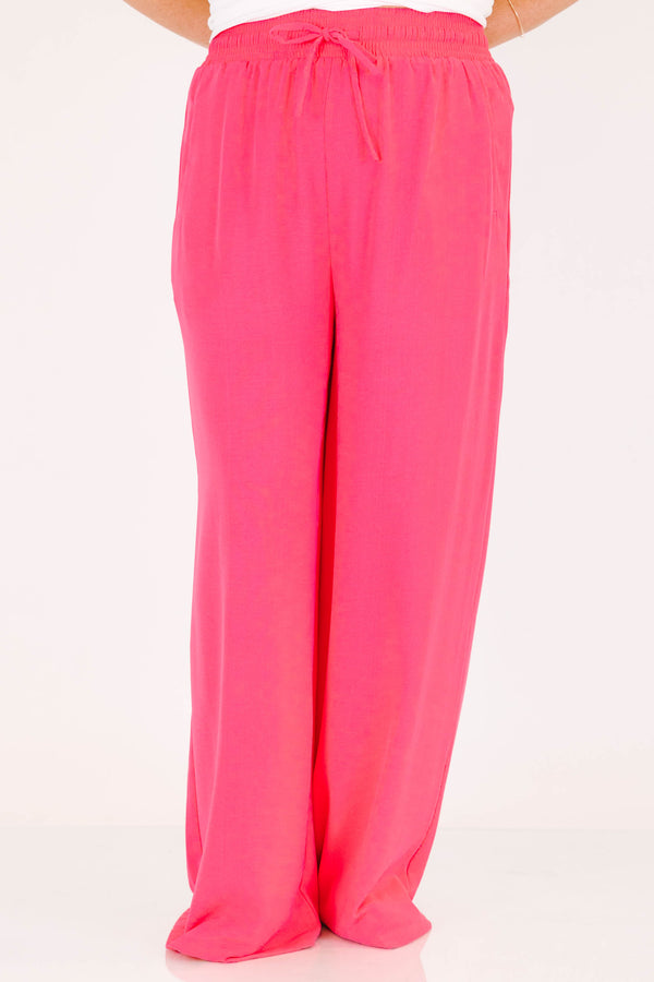 Chic Soul plus size clothing, hot pink wide leg flowy pants with stretchy tie waistband 